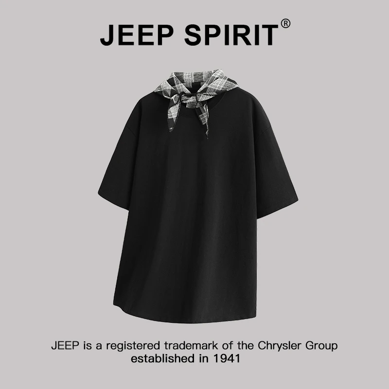 JEEP吉普小方巾格子披肩短袖t恤男夏季美式高街潮牌纯棉半袖上衣