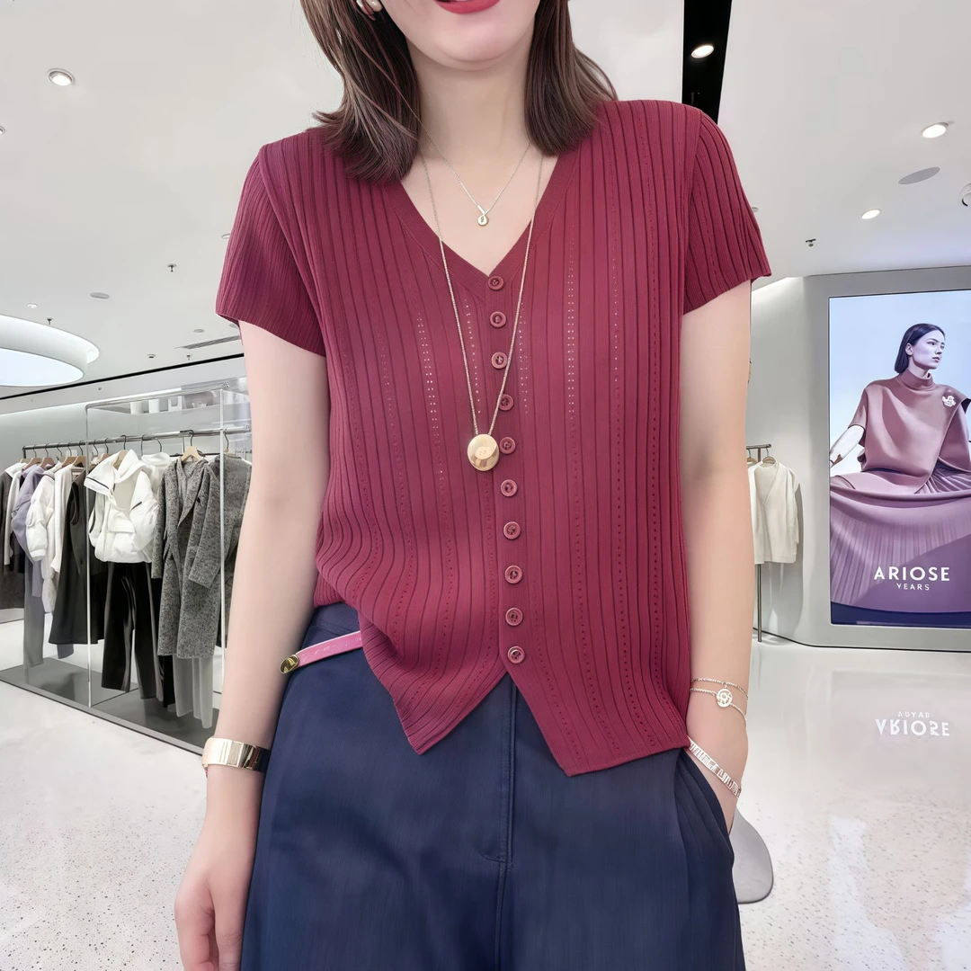 夏季短袖v领开衫针织衫女款爆款2025新款韩版洋气减龄显瘦上衣