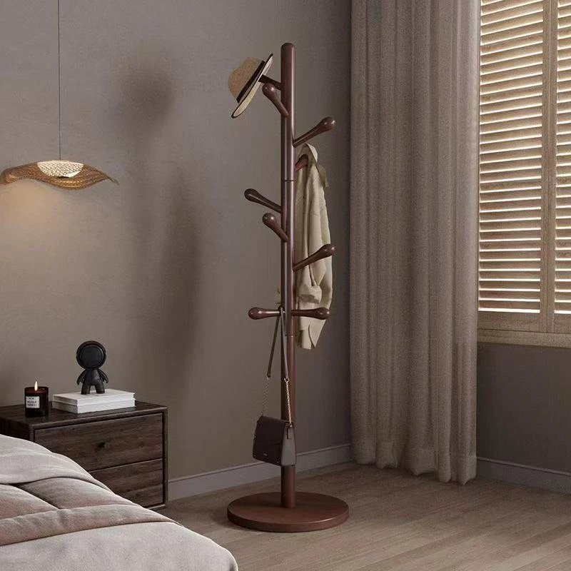 黑胡桃色美拉德实木衣帽架落地式家用简约单杆卧室客厅挂包挂衣架