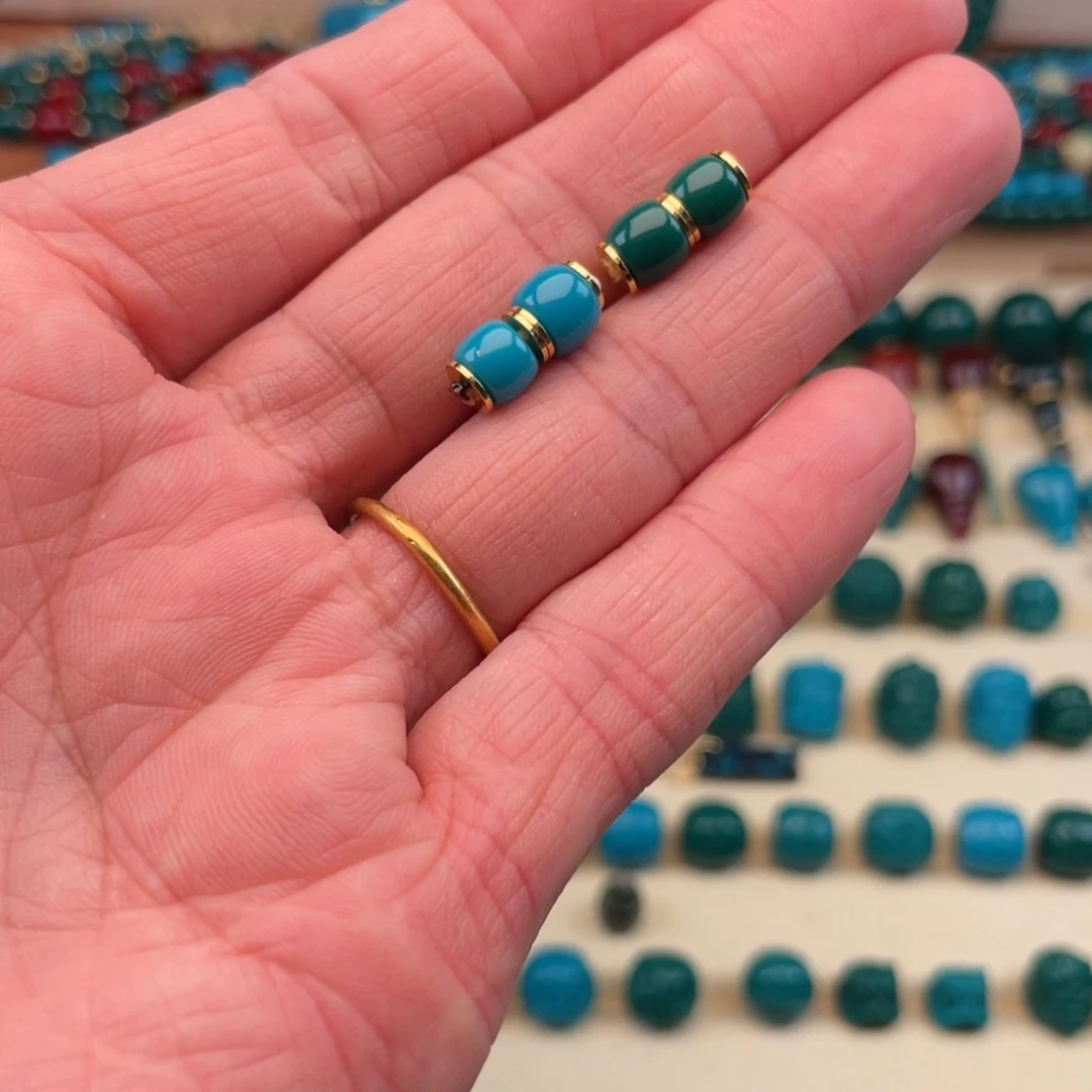 颈饰琉璃6x5直切对珠配饰款蓝色绿色（对）