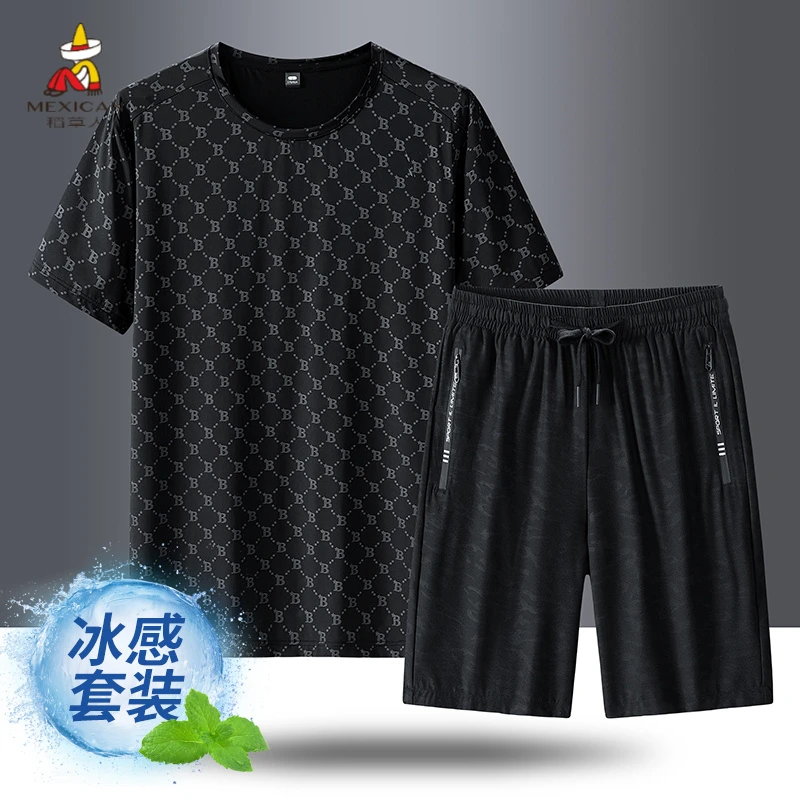 Mexican/稻草人夏季休闲运动套装男士冰丝短袖冰感T恤短裤两件装