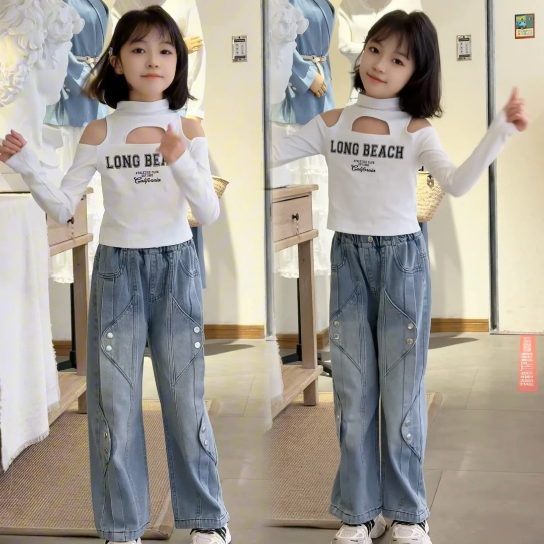 【甜美萌妹子】儿童牛仔裤T恤两件套春秋洋气新中大童休闲直筒阔腿
