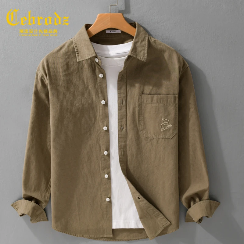 法国Cebrodz男式宽松长袖翻领衬衫复古刺绣高级感流行纯棉男上衣