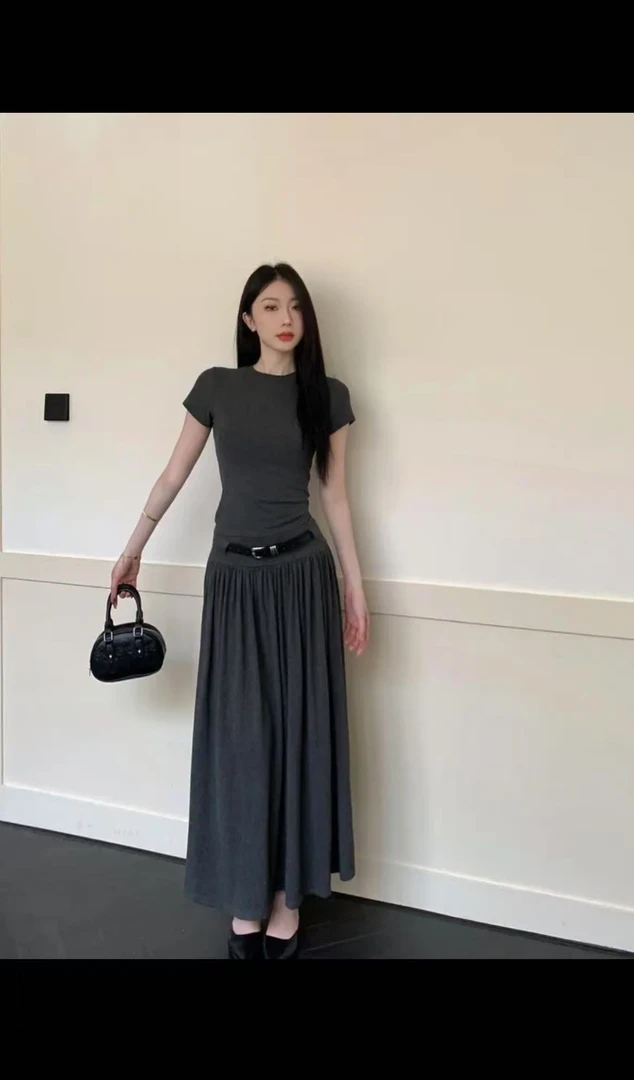 极简风休闲风时尚套装休闲长款气质灰色夏季韩系穿搭休闲套装