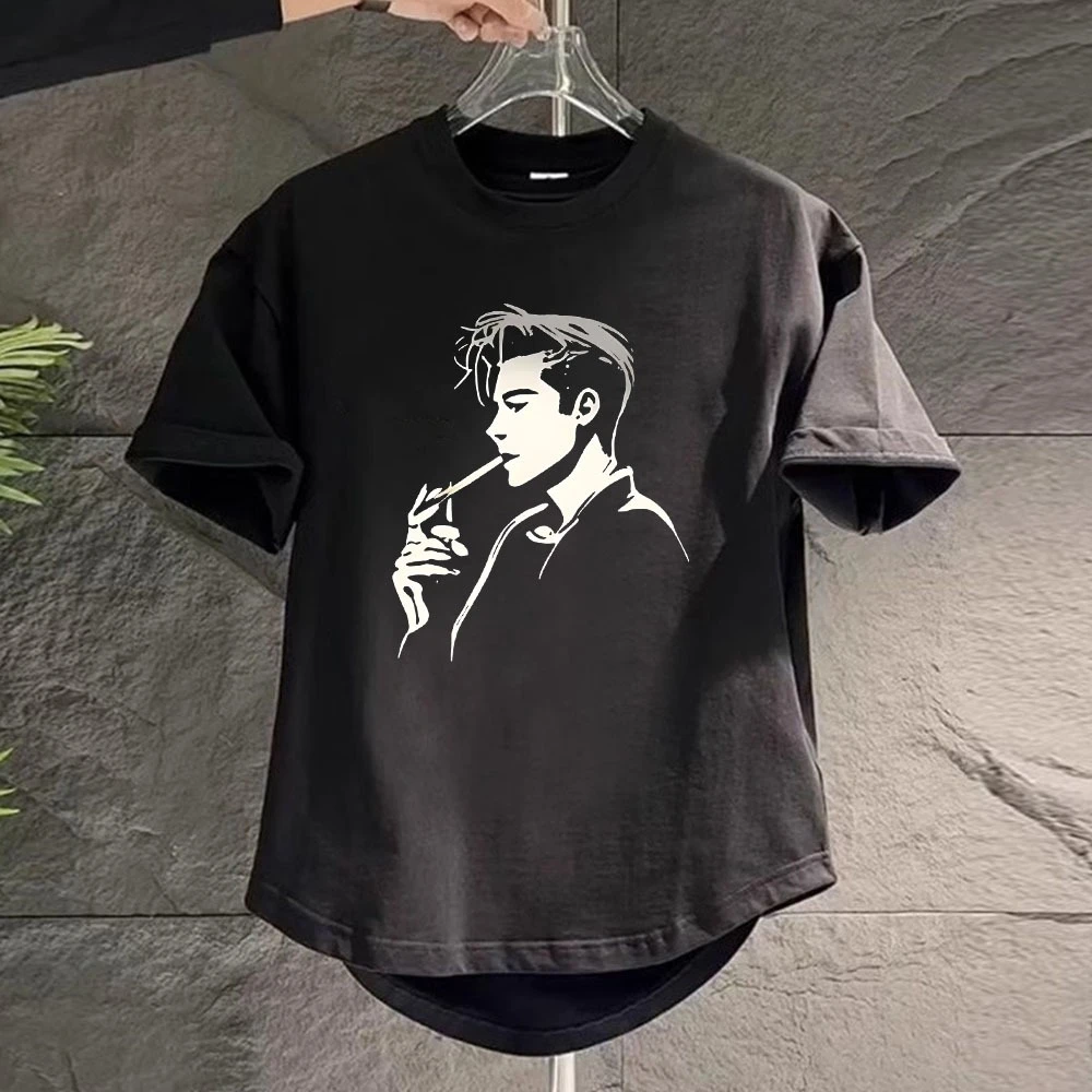 夏季新款潮牌人物印花短袖T恤男重磅高街设计感痞帅半袖上衣体恤