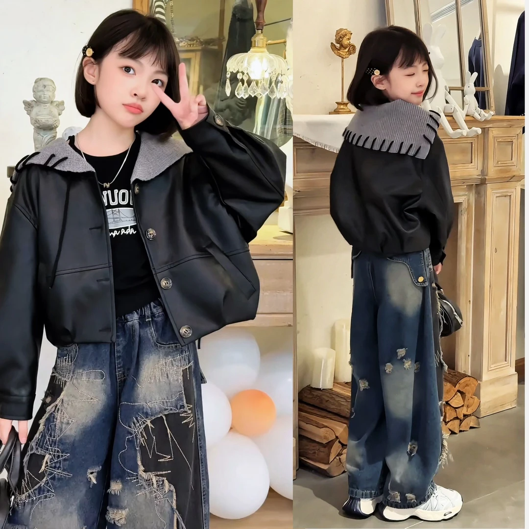 女童皮衣外套2025新款秋装洋气时髦中大童韩系针织毛线海军领皮衣