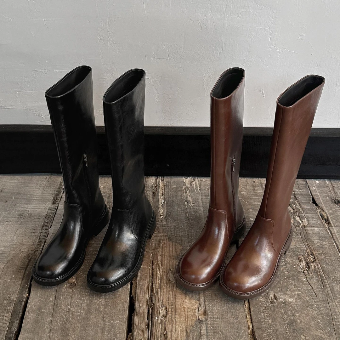 不过膝圆头粗跟长筒靴女2025新款大筒围中跟骑士靴牛皮显瘦高筒靴