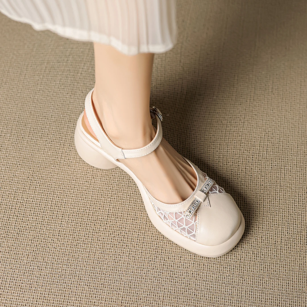 牛皮6厘米 34-40 浅口时尚百搭软底复古玛丽珍粗跟一字带凉鞋