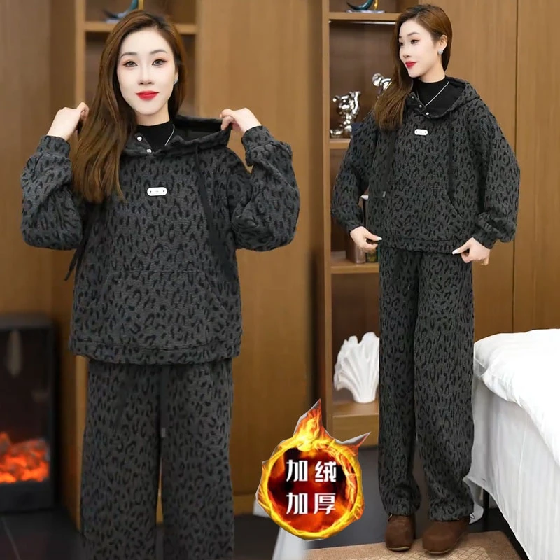 La babite加绒加厚时尚套装2025秋冬新款连帽卫衣阔腿裤两件套