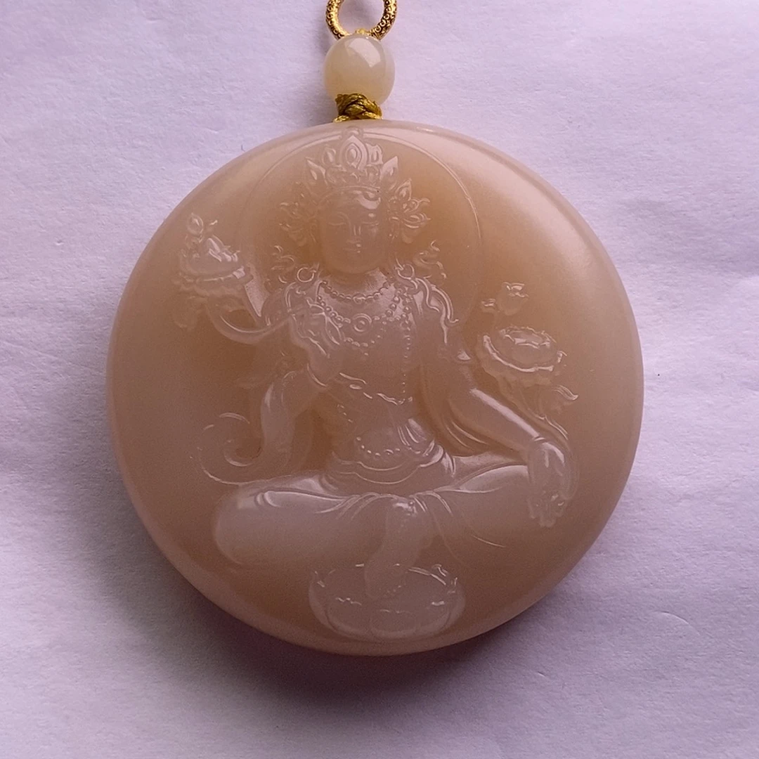 颈饰未镶嵌和田玉红藕粉金镶镯芯大度母吊坠