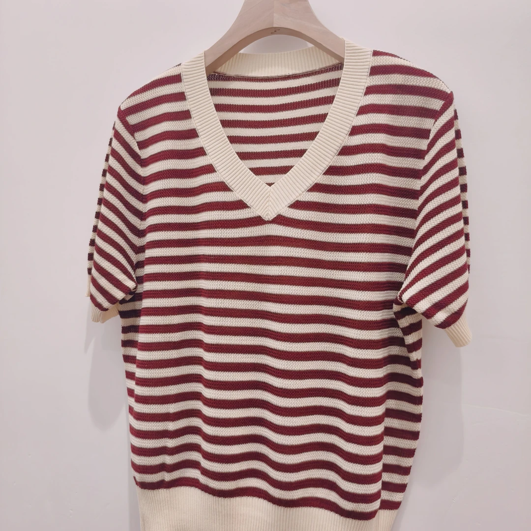 短袖条纹常规款V领毛针织衫时尚衫百搭