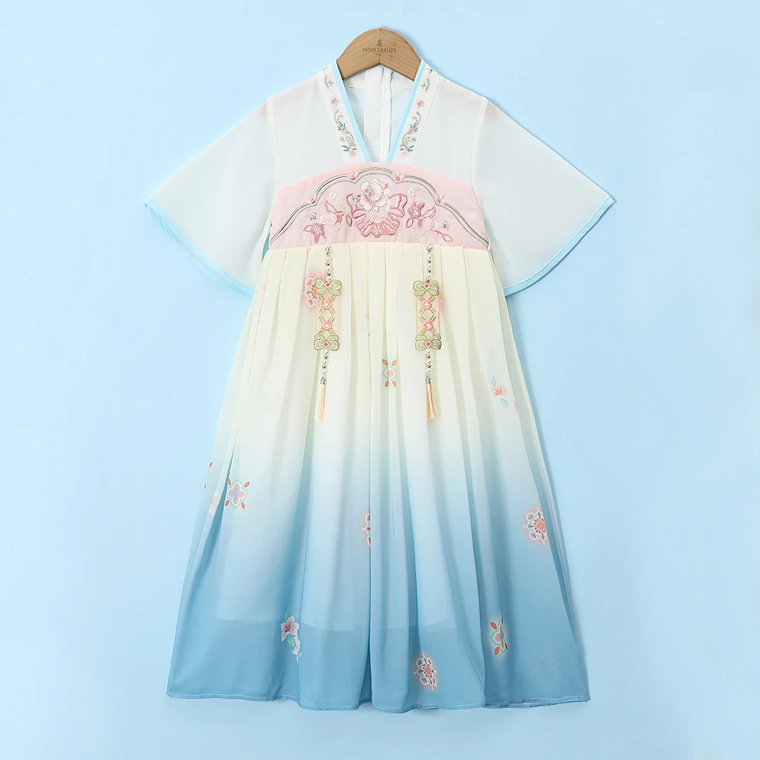 梦特娇女童夏季新款花朵刺绣渐变汉服古装演出服连衣裙复古风D81