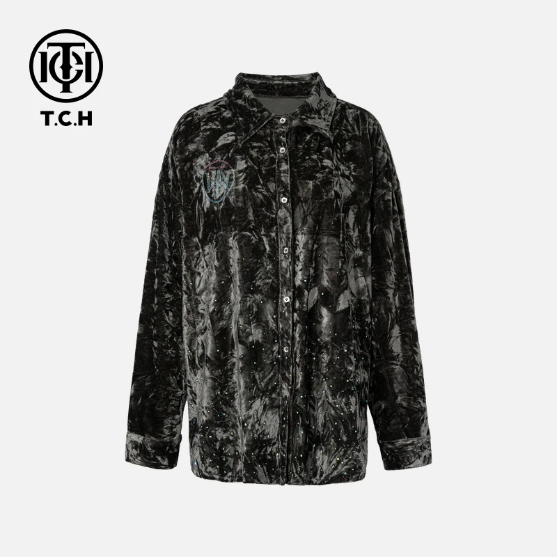 TCH-轻奢时尚墨绿色丝绒满天星衬衫T75C13E1021私服tch