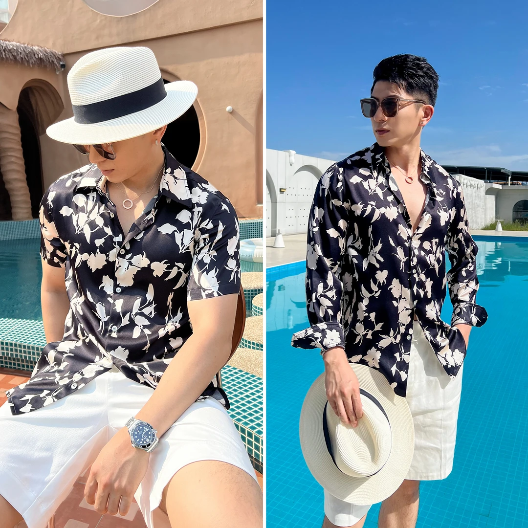 言吉男装高端新品休闲真丝衬衫夏季新款高奢桑蚕丝衬衣YJ55080
