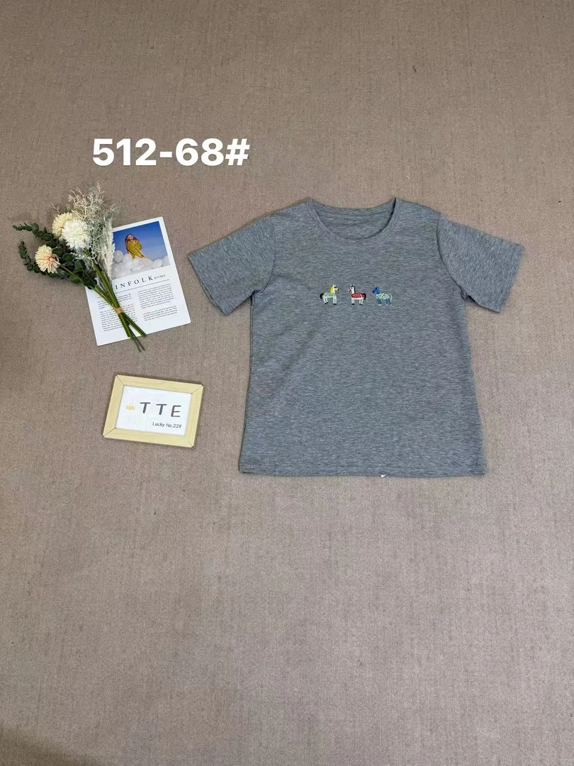 【TTE严选】2025夏装512-68灰色卡通刺绣T恤（0714-33）
