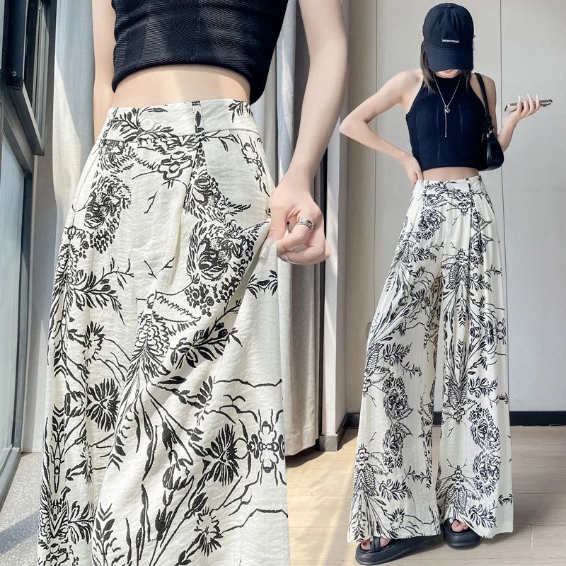 静奢风素雅印花亚麻阔腿裤女夏季薄款高腰气质显瘦垂感休闲拖地裤