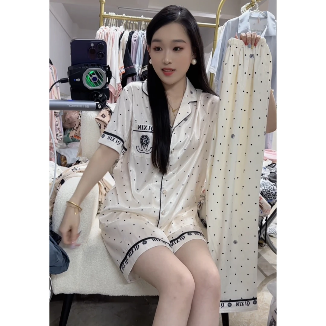琦欣家波点山茶花三件套冰丝高级夏季凉感睡衣套装家居服女