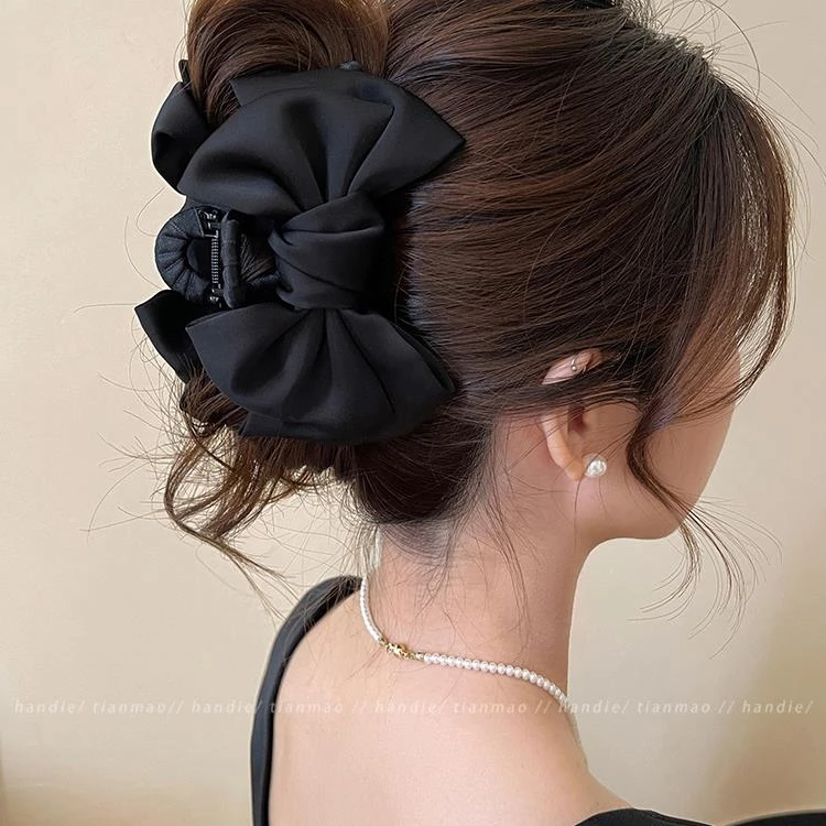 气质高级感大号缎面蝴蝶结发夹女发量多后脑勺盘发抓夹鲨鱼夹头饰