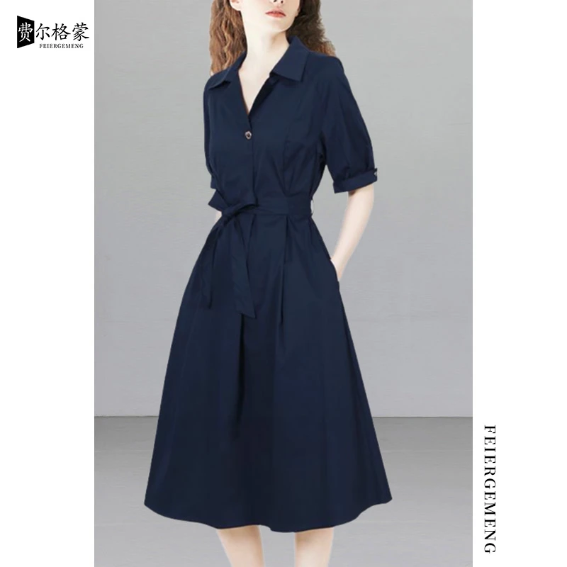 惊艳连衣裙裙子衬衫裙夏季新款小众设计感港味复古显瘦职业女款裙