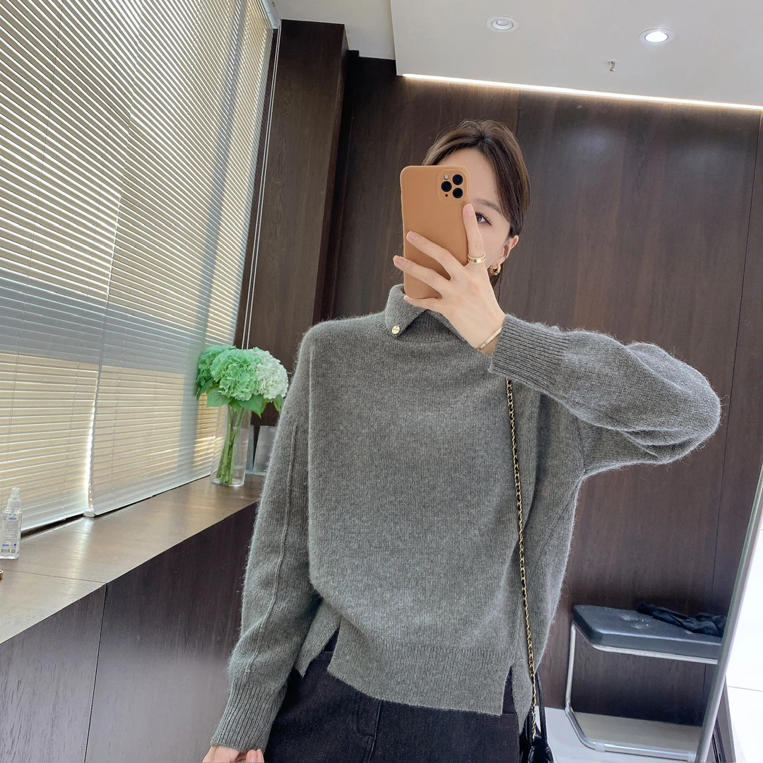 IMFLY金小金自制女装 针织衫DYW10107秋冬设计感翻领开叉纯色毛衣