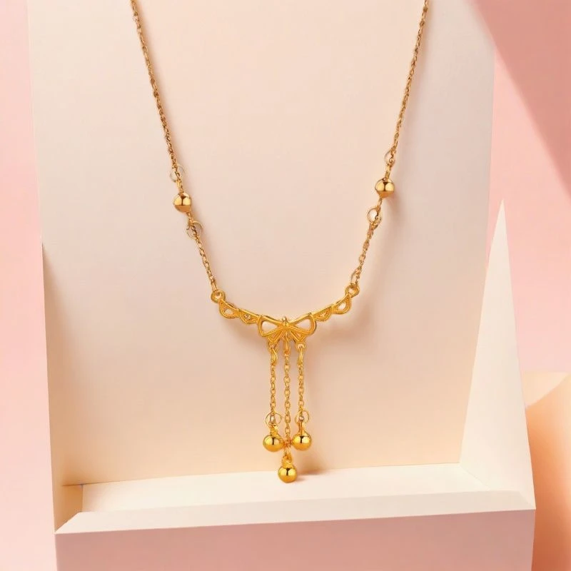 铜合金项链 新中式蝴蝶结流苏项链国风吊坠轻奢小众高级感锁骨链