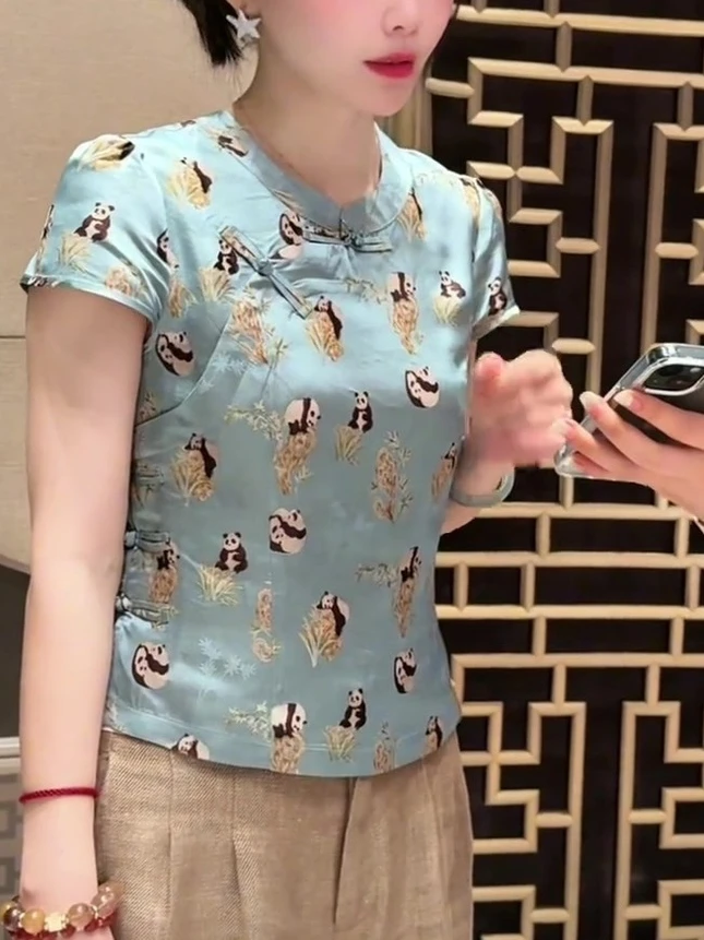 新中式复古风时髦洋气百搭蓝色印花短袖夏季新款斜襟显瘦修身上衣