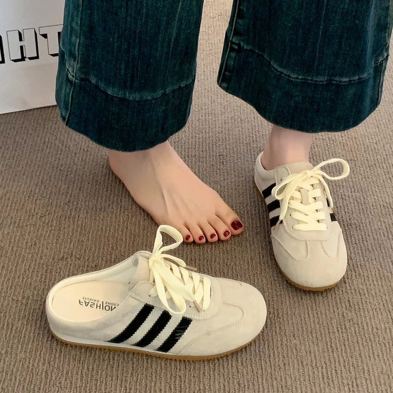 三福包头半拖鞋女外穿2025新款无后跟小白德训鞋一脚蹬懒人单鞋