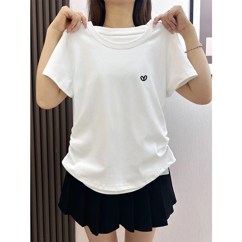 不规则褶皱圆领短袖t恤女夏季设计感修身短款小个子正肩体恤上衣