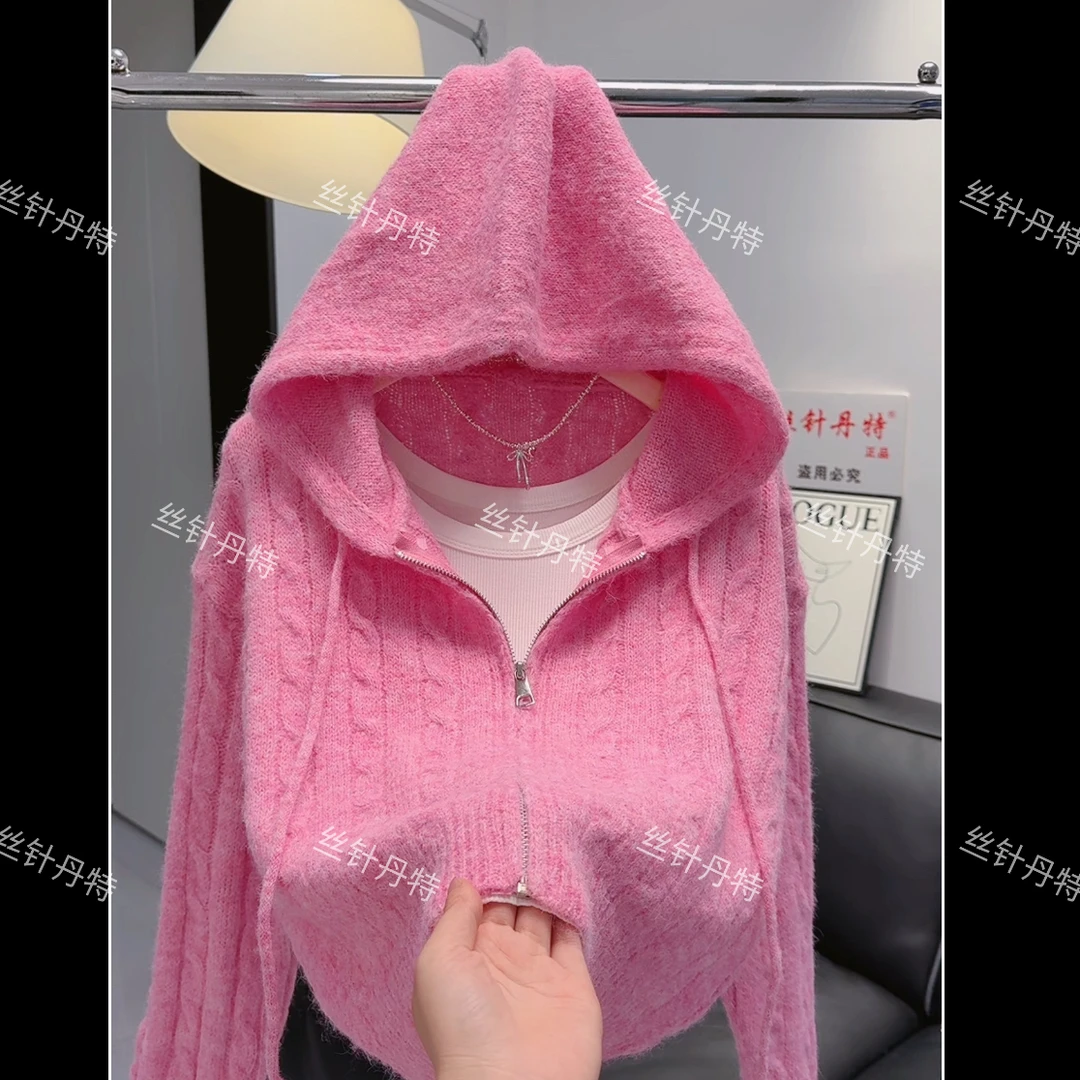 3秋季连帽针织开衫女设计感短款洋气拉链抽绳秋冬新款慵懒风外套