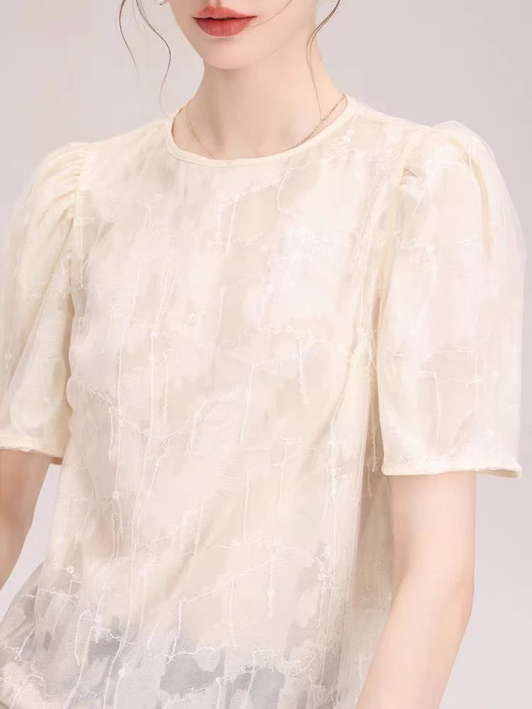 E117#高级设计感法式蕾丝拼接长袖衬衫女上衣