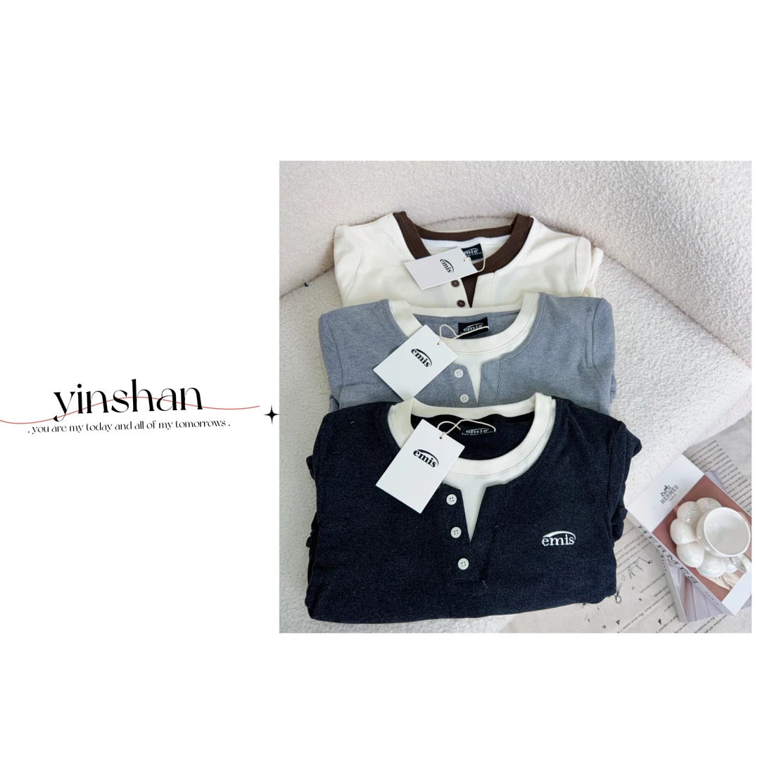 【尹善推荐】韩版秋冬季新品E字母刺绣假俩件V领纽扣打底长T恤