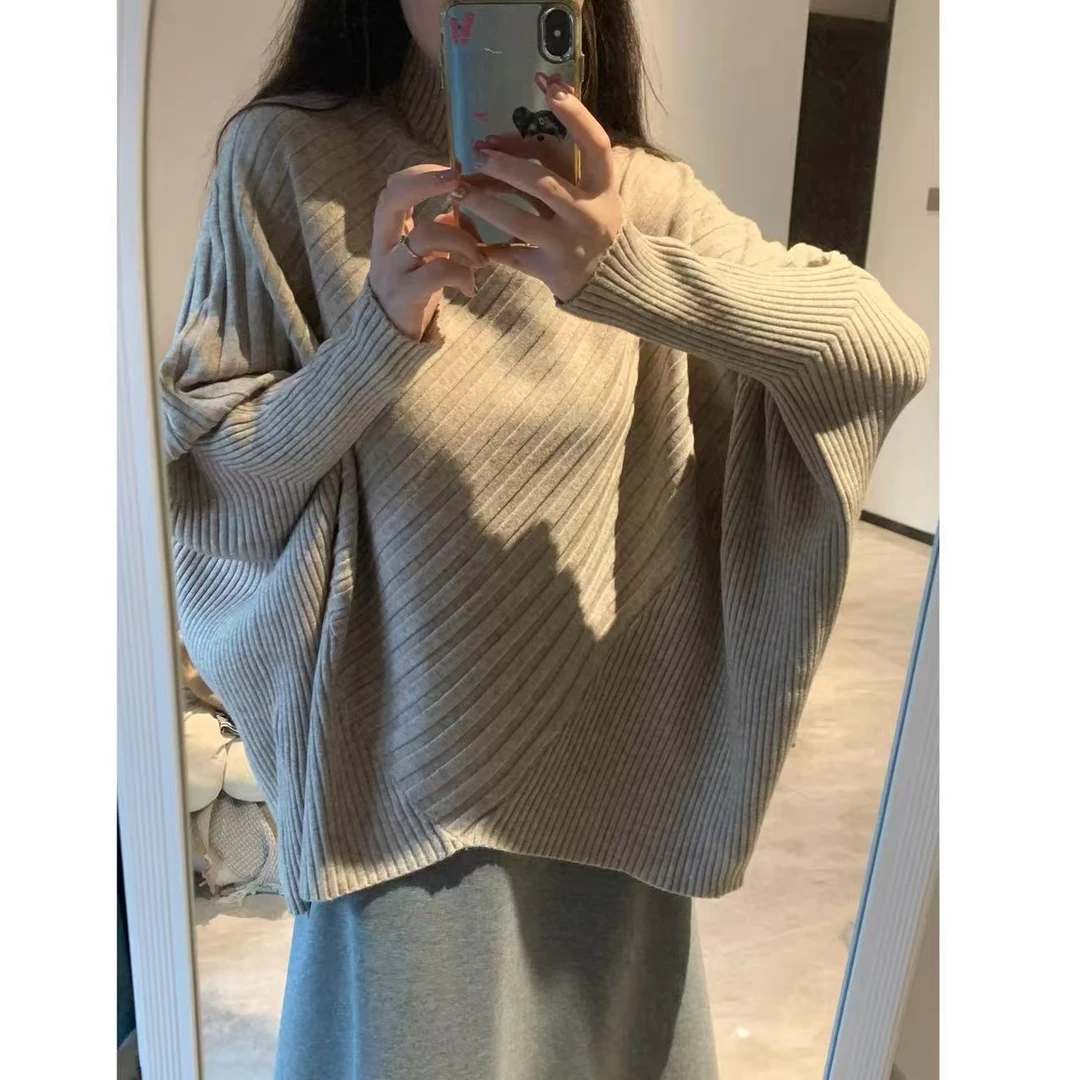2025款慵懒风不规则半高领宽松纸片人坑条蝙蝠袖气质百搭针织衫女