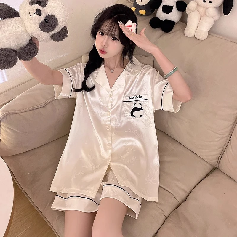 2025新款卡通熊猫睡衣女夏季薄款冰丝绸短袖高级感家居服套装夏天
