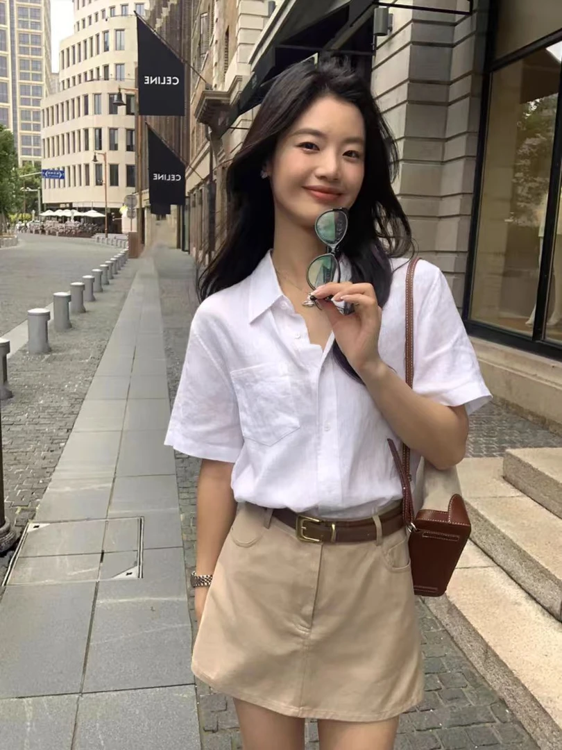 五哥外贸[亚麻白衬衫衬衫]时尚百搭白衬衫夏季休闲新款女