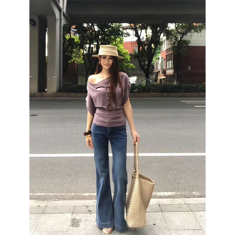 堆叠蝙蝠短袖T恤设计感荡领紫色上衣微喇叭牛仔裤长裤直筒拖地裤