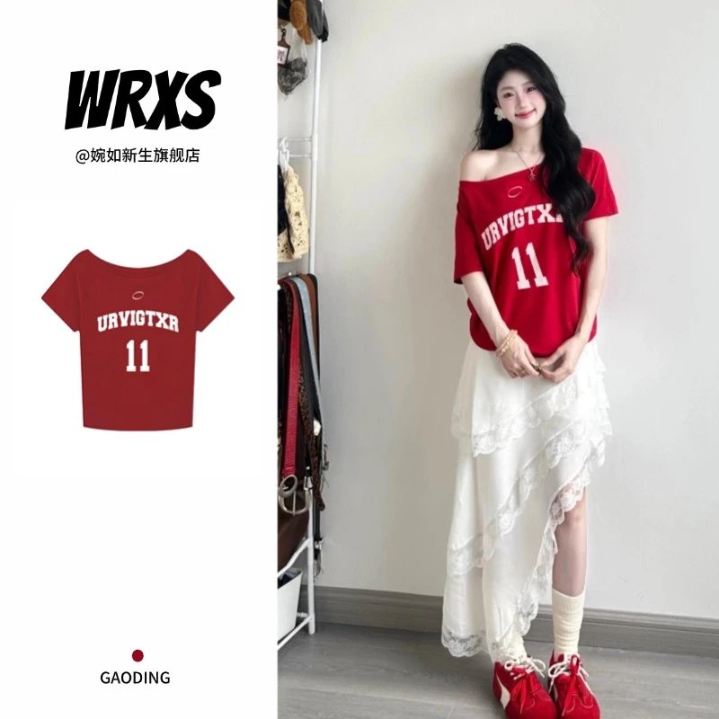 【婉如新生】性感辣妹红色斜肩短袖t恤女夏季韩系穿搭纯欲露肩上衣
