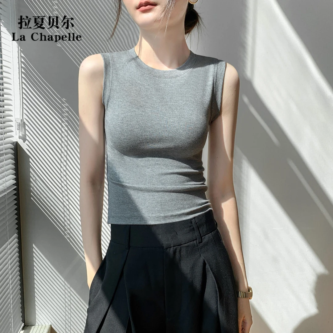 拉夏贝尔螺纹深灰色吊带背心女春夏新款内搭小高领夏季无袖打底衫