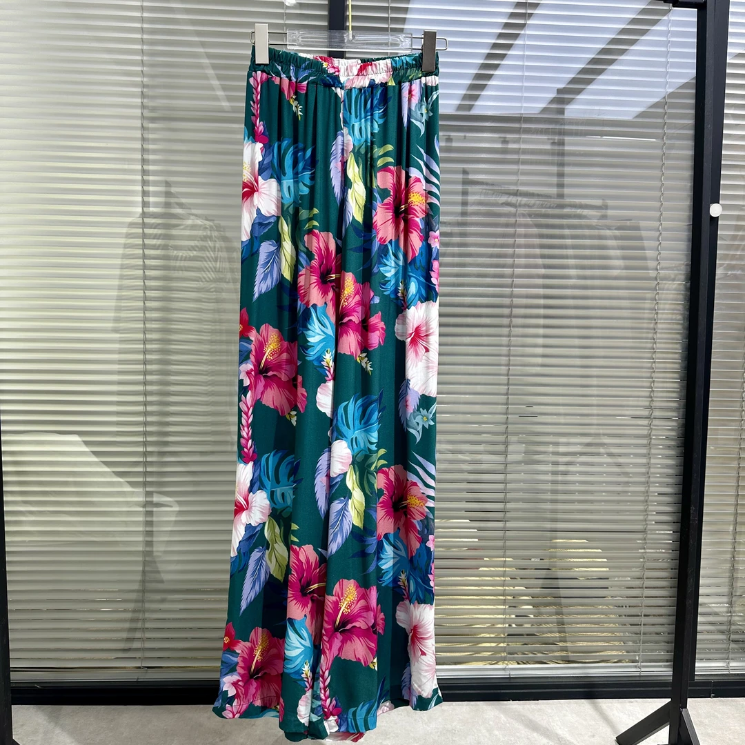 A262墨绿色大花朵松紧高腰直筒阔腿休闲裤