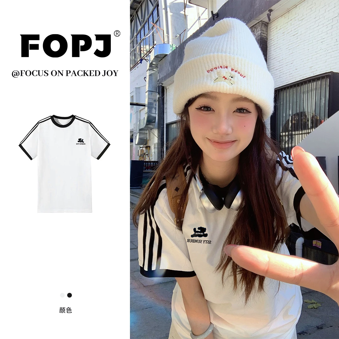 FOPJ美式复古运动三条杠短袖t恤夏季时尚宽松学院风休闲百搭上衣