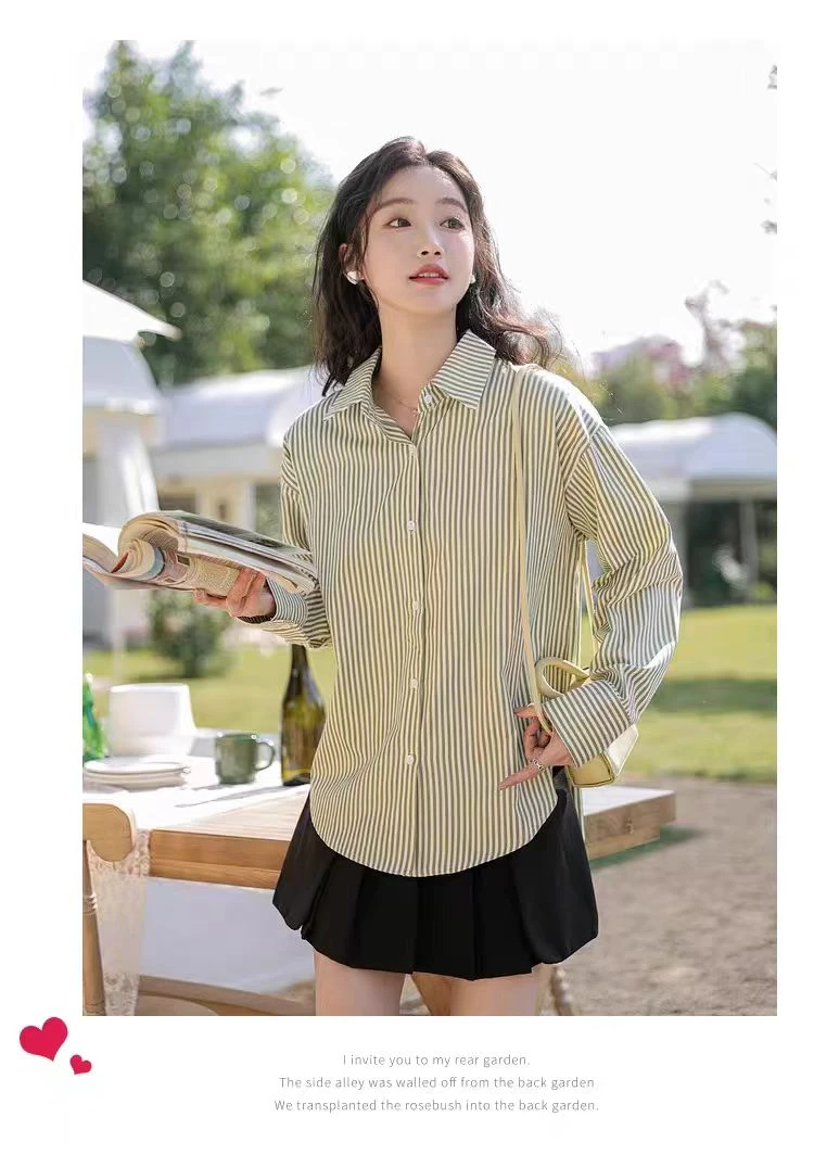 女士设计感百搭春季气质拼接条纹复古港风上衣衬衫显瘦衬衣长袖