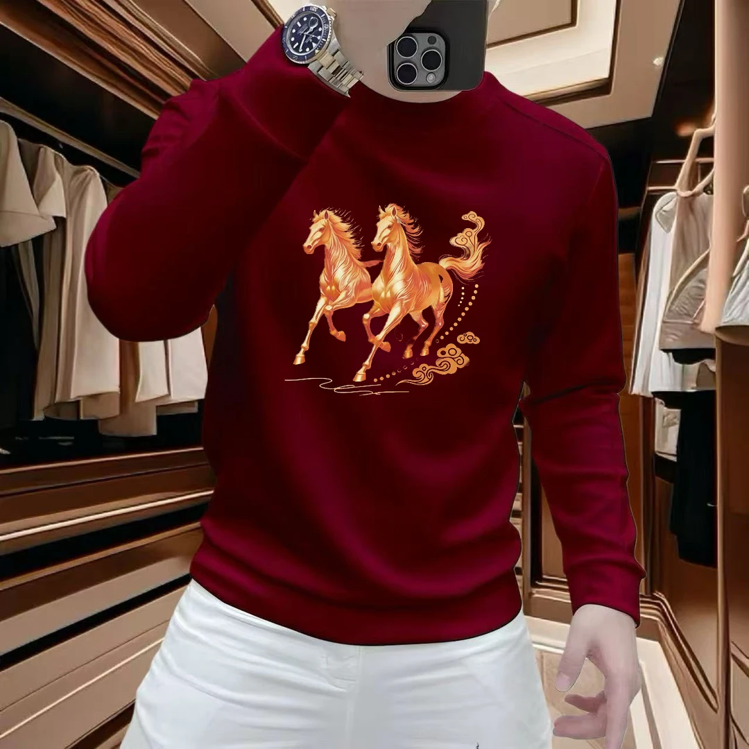 马年本命年红色圆领男士秋冬加绒潮流印花休闲百搭卫衣