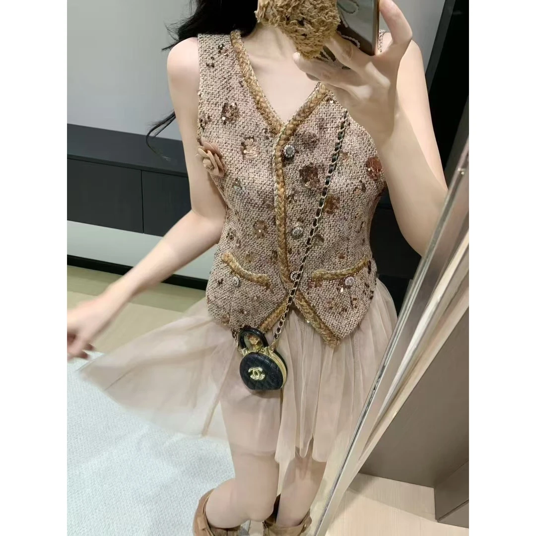 2025夏季新款韩系气质琉璃金小香风套装轻奢无袖上衣