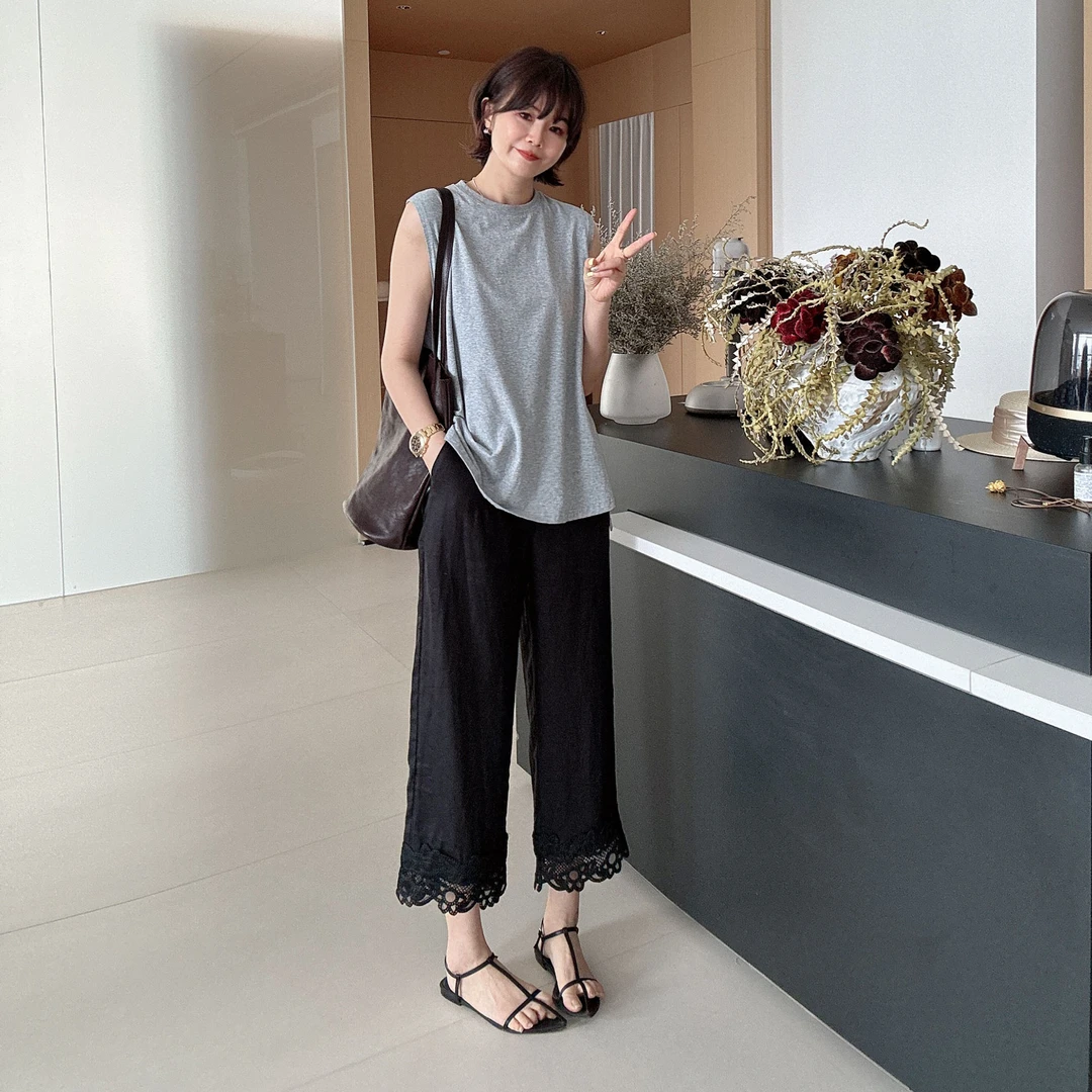 蕾丝花边高腰显瘦宽松百搭休闲亚麻裤子