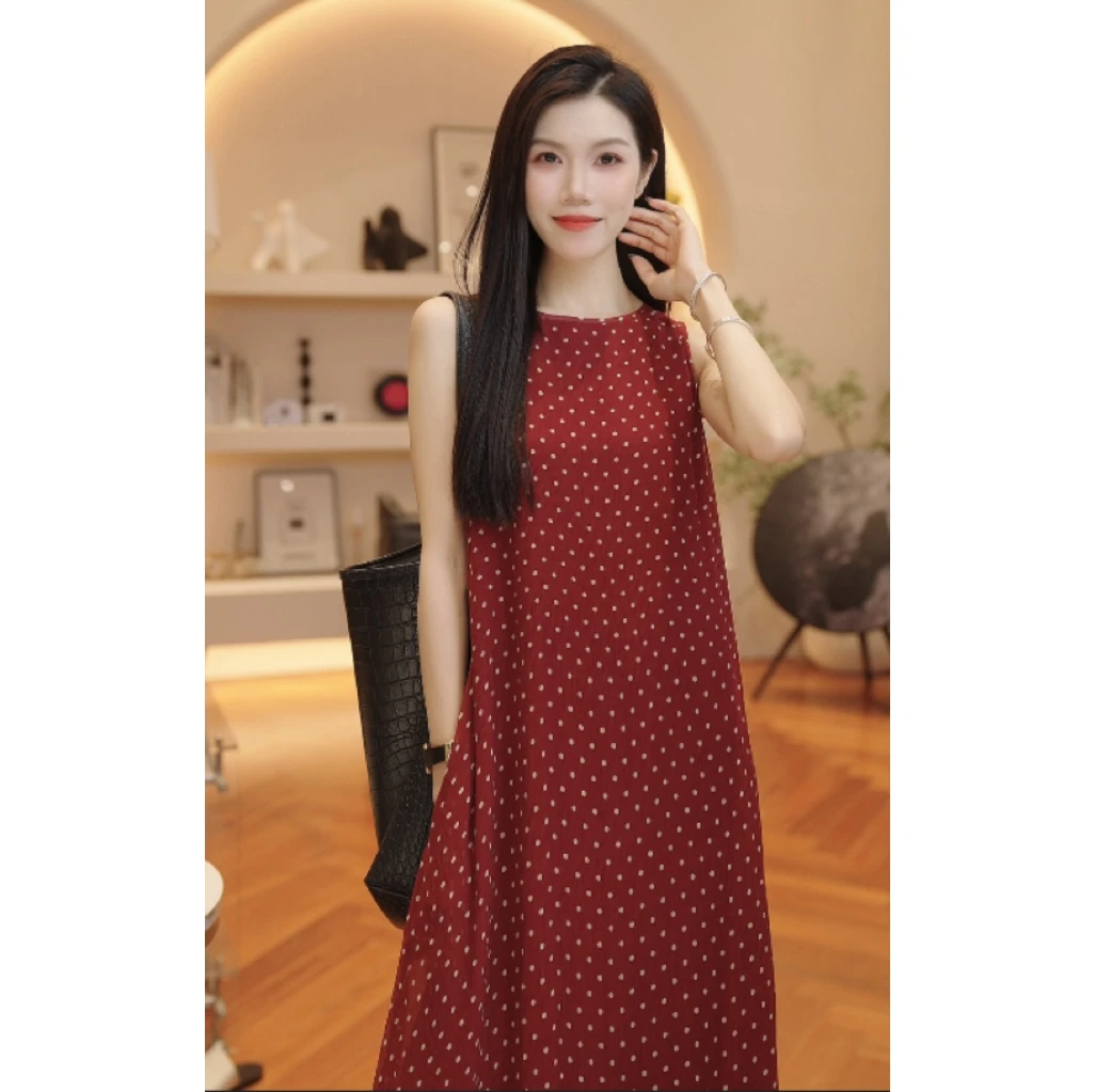 THE MENG【满天星】桑蚕丝8姆米无袖长款波点简约连衣裙#M242G206LZ