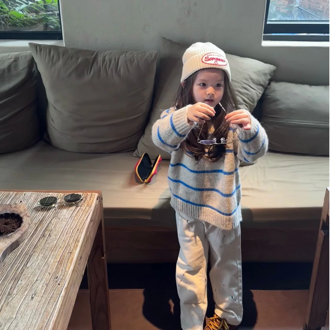 现货】壹妈韩版童装女童秋冬套装洋气儿童百搭条纹针织毛衣休闲裤