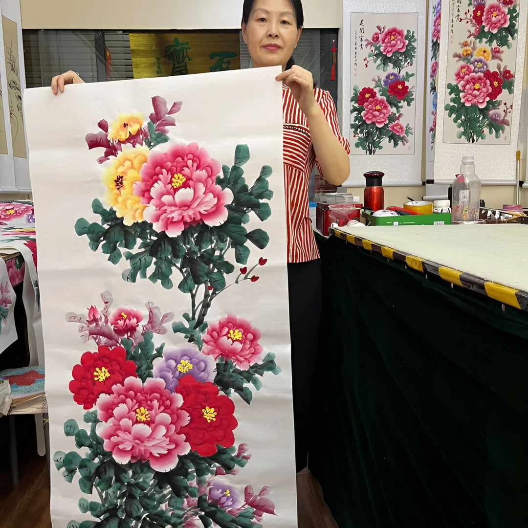 李春凤亲笔手绘国画牡丹中堂玄关走廊花开富贵挂画装饰壁画风水