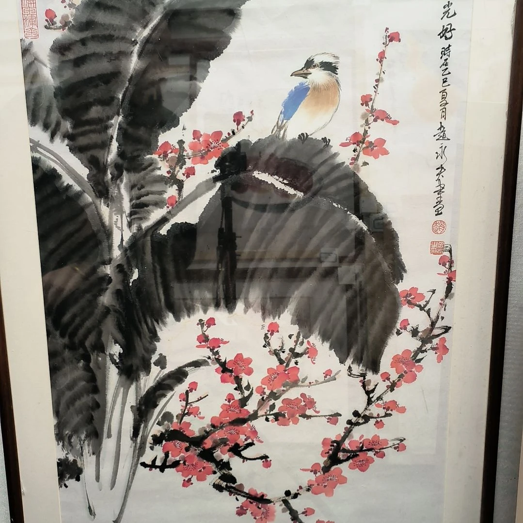 国画花鸟作品带框