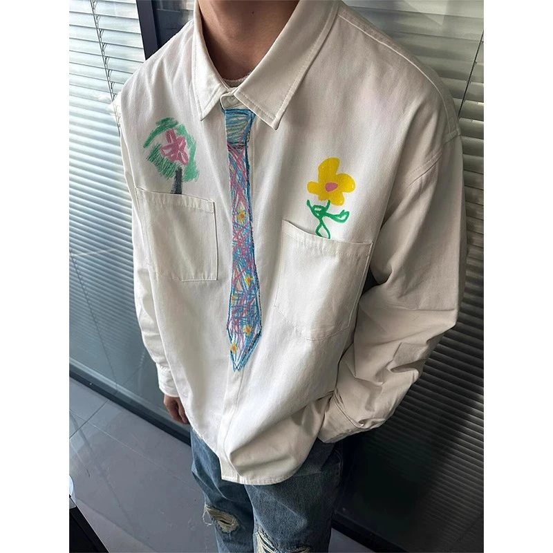 LIGGICC设计感手绘领带白色衬衫男2025年春季学院风小众长袖衬衣