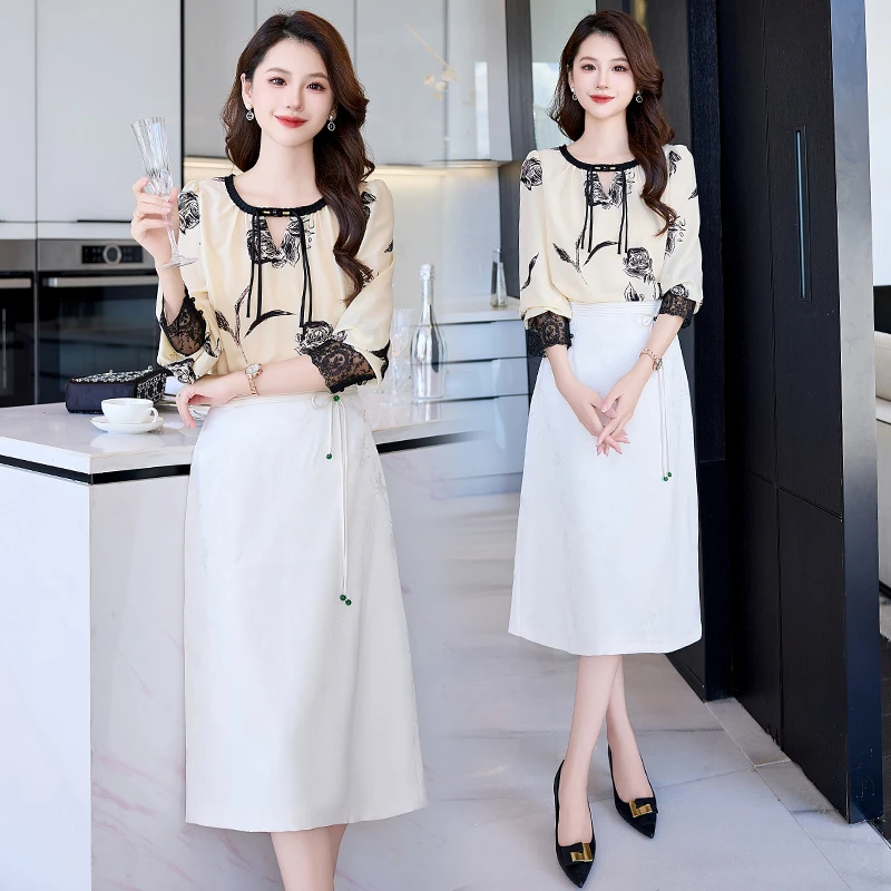 小香风印花长袖衬衫套装裙女2025年秋季新款修身显瘦半身裙两件套