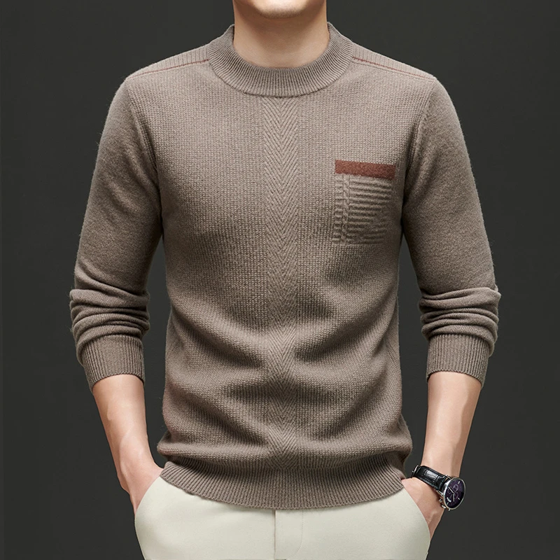 悦享女装2024冬季新款男士九针加厚圆领提花羊毛衫打底外穿针织衫